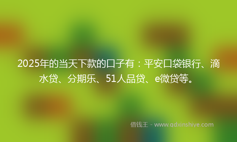 2025年的当天下款的口子有：平安口袋银行、滴水贷、分期乐、51人品贷、e微贷等。