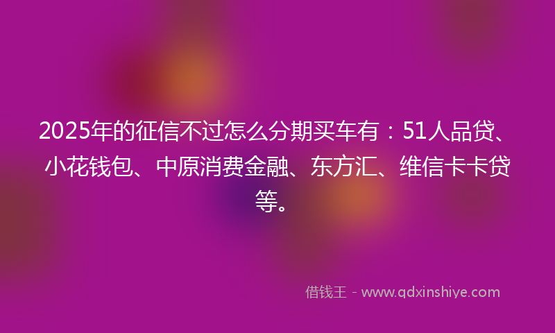 2025年的征信不过怎么分期买车有：51人品贷、小花钱包、中原消费金融、东方汇、维信卡卡贷等。