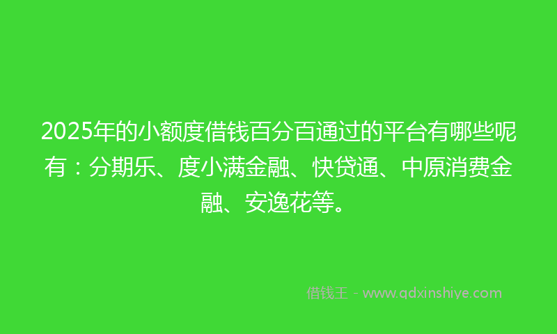 2025年的小额度借钱百分百通过的平台有哪些呢有：分期乐、度小满金融、快贷通、中原消费金融、安逸花等。