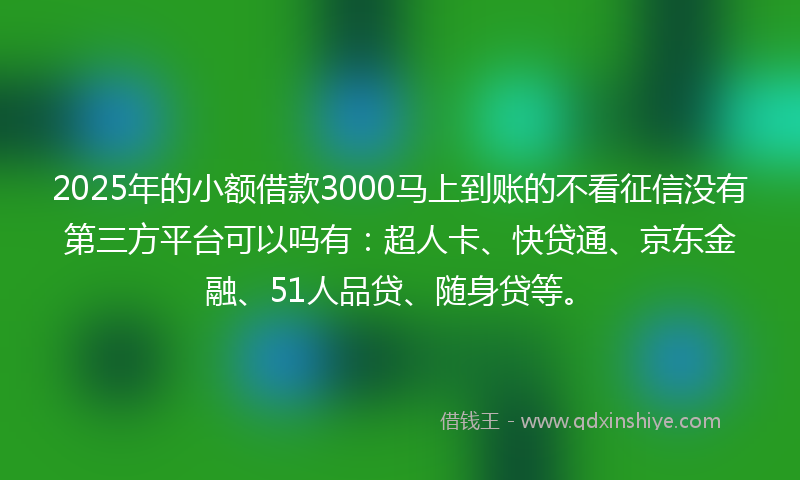 2025年的小额借款3000马上到账的不看征信没有第三方平台可以吗有：超人卡、快贷通、京东金融、51人品贷、随身贷等。