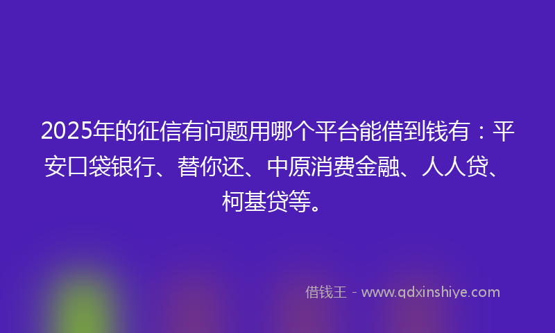 2025年的征信有问题用哪个平台能借到钱有：平安口袋银行、替你还、中原消费金融、人人贷、柯基贷等。