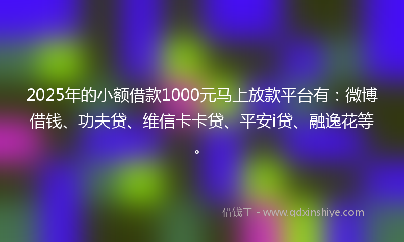 2025年的小额借款1000元马上放款平台有：微博借钱、功夫贷、维信卡卡贷、平安i贷、融逸花等。