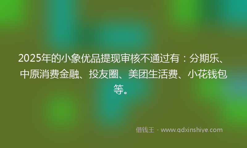 2025年的小象优品提现审核不通过有：分期乐、中原消费金融、投友圈、美团生活费、小花钱包等。