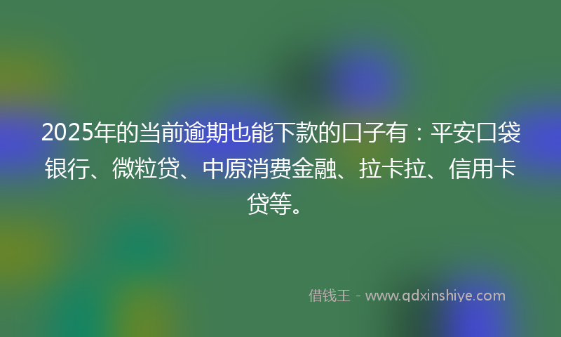 2025年的当前逾期也能下款的口子有：平安口袋银行、微粒贷、中原消费金融、拉卡拉、信用卡贷等。