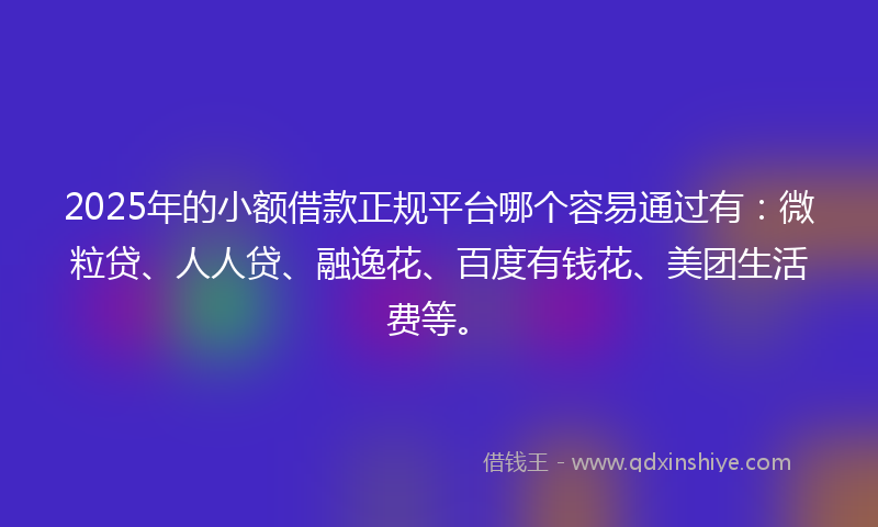 2025年的小额借款正规平台哪个容易通过有：微粒贷、人人贷、融逸花、百度有钱花、美团生活费等。