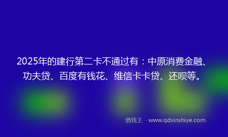 2025年的建行第二卡不通过有：中原消费金融、功夫贷、百度有钱花、维信卡卡贷、还呗等。