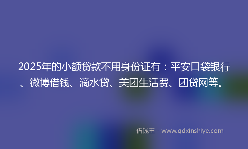 2025年的小额贷款不用身份证有：平安口袋银行、微博借钱、滴水贷、美团生活费、团贷网等。