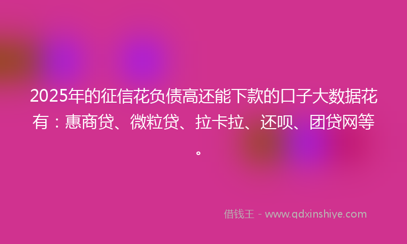 2025年的征信花负债高还能下款的口子大数据花有：惠商贷、微粒贷、拉卡拉、还呗、团贷网等。