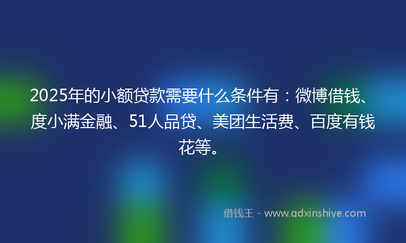 2025年的小额贷款需要什么条件有：微博借钱、度小满金融、51人品贷、美团生活费、百度有钱花等。