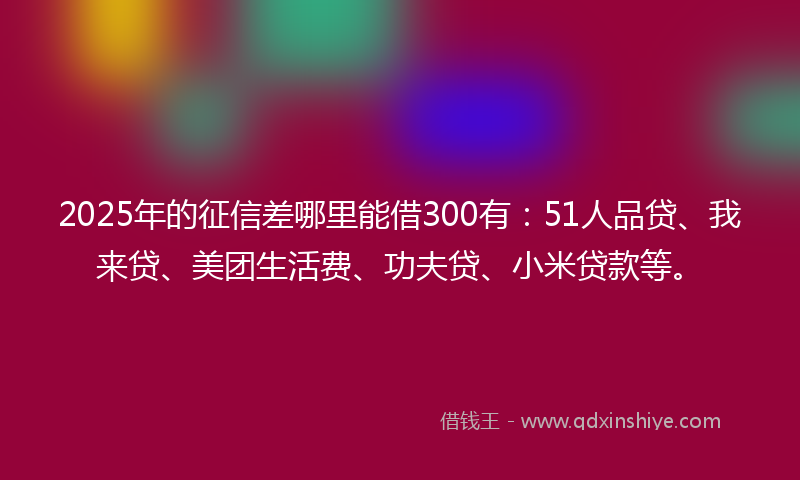 2025年的征信差哪里能借300有：51人品贷、我来贷、美团生活费、功夫贷、小米贷款等。