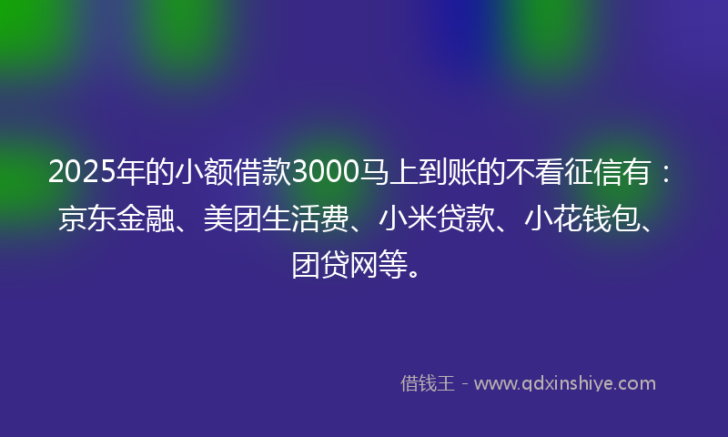 2025年的小额借款3000马上到账的不看征信有：京东金融、美团生活费、小米贷款、小花钱包、团贷网等。