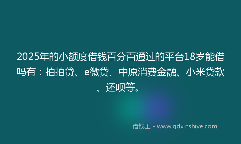 2025年的小额度借钱百分百通过的平台18岁能借吗有：拍拍贷、e微贷、中原消费金融、小米贷款、还呗等。