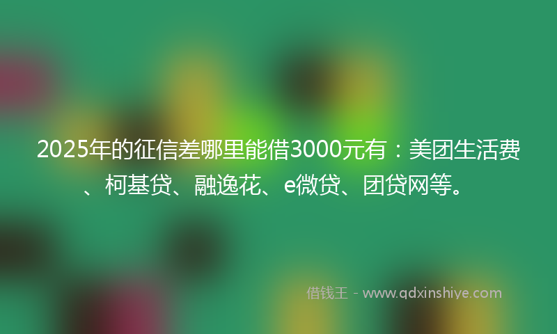 2025年的征信差哪里能借3000元有：美团生活费、柯基贷、融逸花、e微贷、团贷网等。