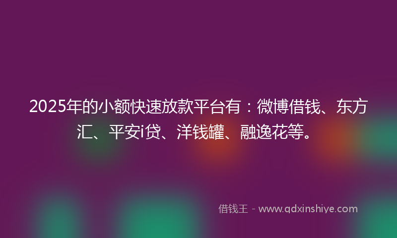 2025年的小额快速放款平台有：微博借钱、东方汇、平安i贷、洋钱罐、融逸花等。