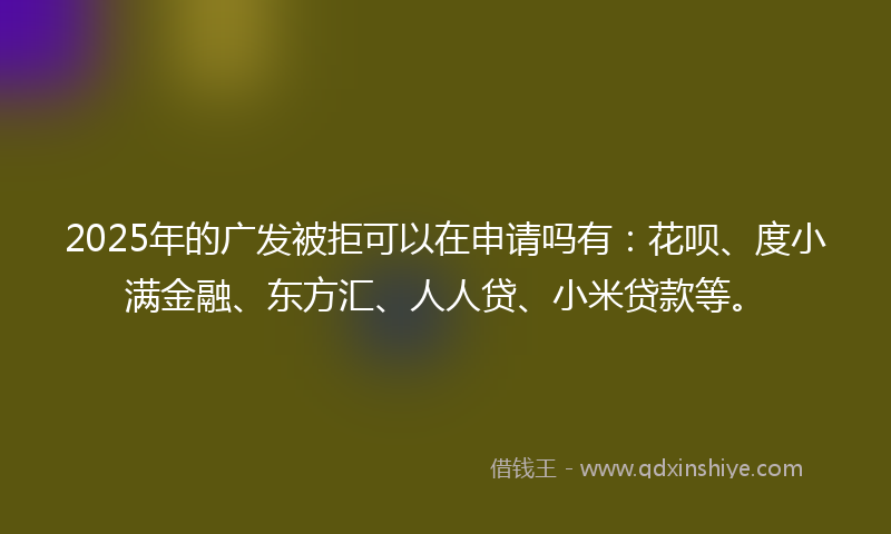 2025年的广发被拒可以在申请吗有：花呗、度小满金融、东方汇、人人贷、小米贷款等。