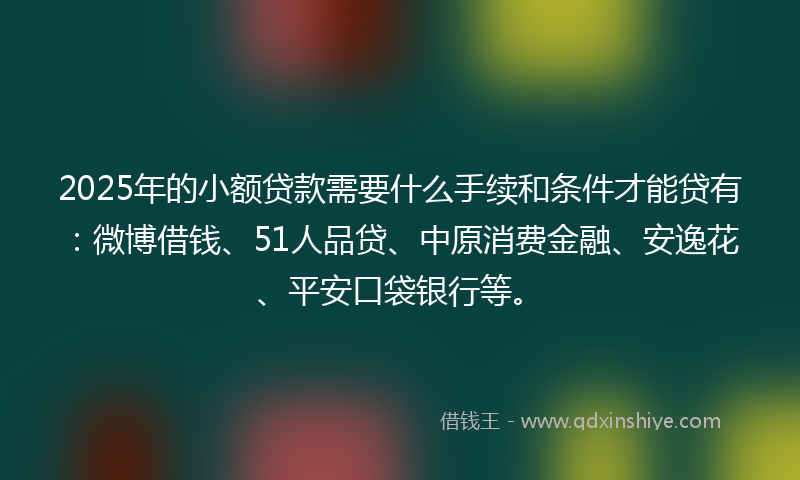 2025年的小额贷款需要什么手续和条件才能贷有：微博借钱、51人品贷、中原消费金融、安逸花、平安口袋银行等。