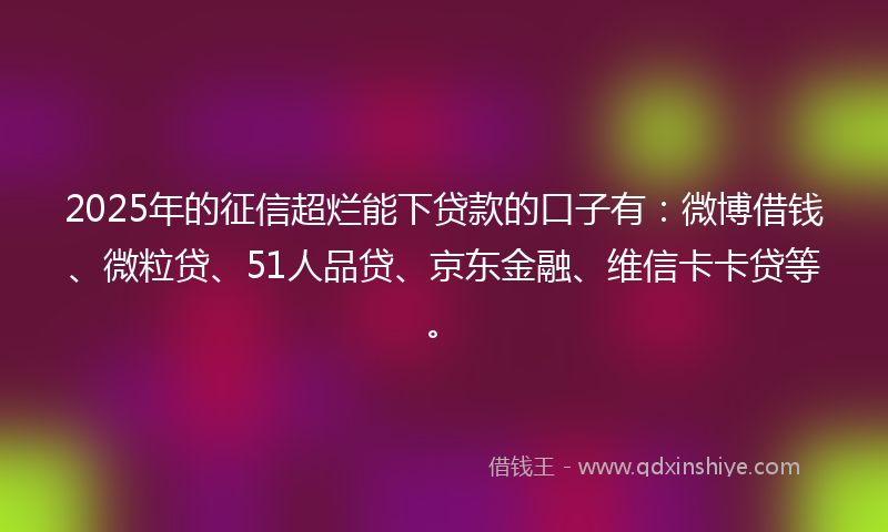 2025年的征信超烂能下贷款的口子有：微博借钱、微粒贷、51人品贷、京东金融、维信卡卡贷等。