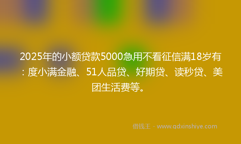 2025年的小额贷款5000急用不看征信满18岁有：度小满金融、51人品贷、好期贷、读秒贷、美团生活费等。
