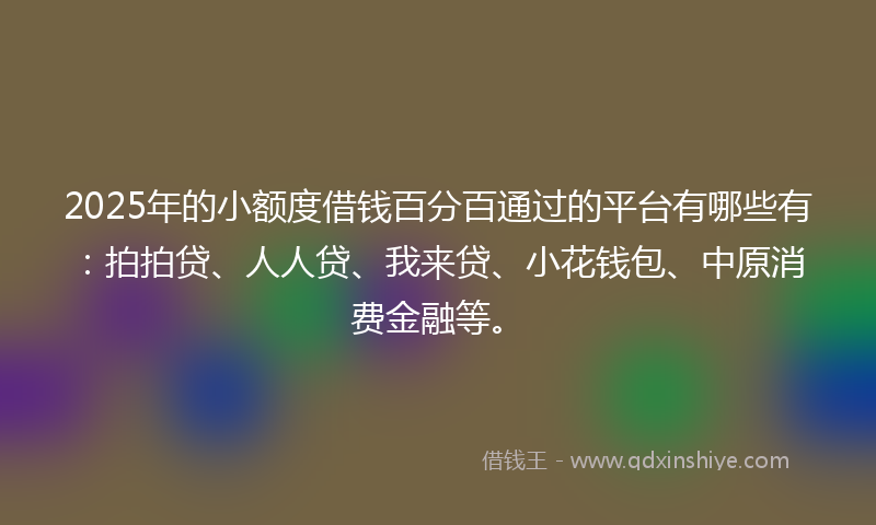 2025年的小额度借钱百分百通过的平台有哪些有：拍拍贷、人人贷、我来贷、小花钱包、中原消费金融等。