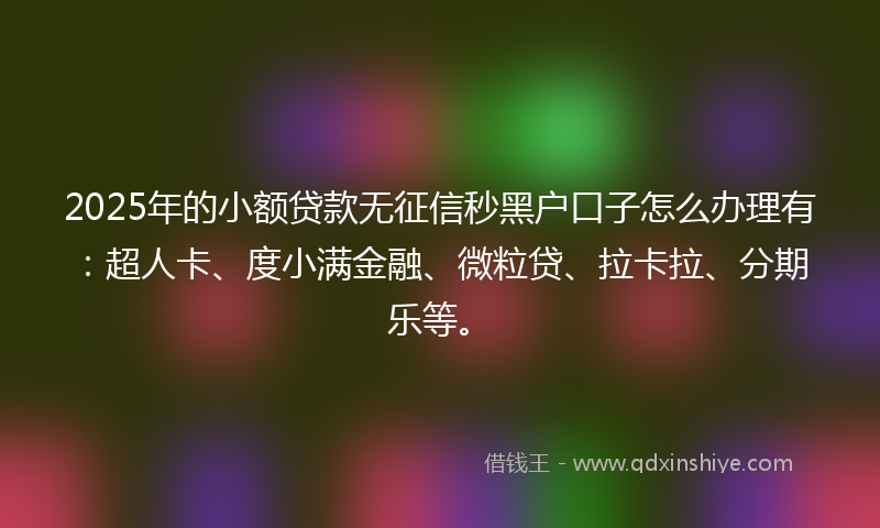 2025年的小额贷款无征信秒黑户口子怎么办理有：超人卡、度小满金融、微粒贷、拉卡拉、分期乐等。
