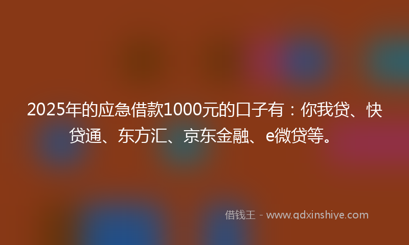 2025年的应急借款1000元的口子有：你我贷、快贷通、东方汇、京东金融、e微贷等。