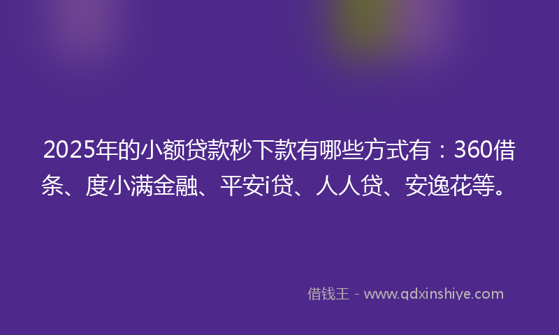 2025年的小额贷款秒下款有哪些方式有：360借条、度小满金融、平安i贷、人人贷、安逸花等。