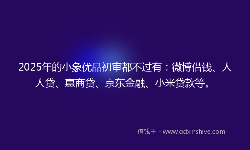 2025年的小象优品初审都不过有：微博借钱、人人贷、惠商贷、京东金融、小米贷款等。