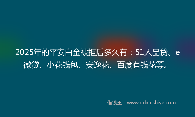 2025年的平安白金被拒后多久有：51人品贷、e微贷、小花钱包、安逸花、百度有钱花等。