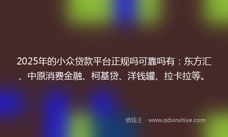 2025年的小众贷款平台正规吗可靠吗有：东方汇、中原消费金融、柯基贷、洋钱罐、拉卡拉等。
