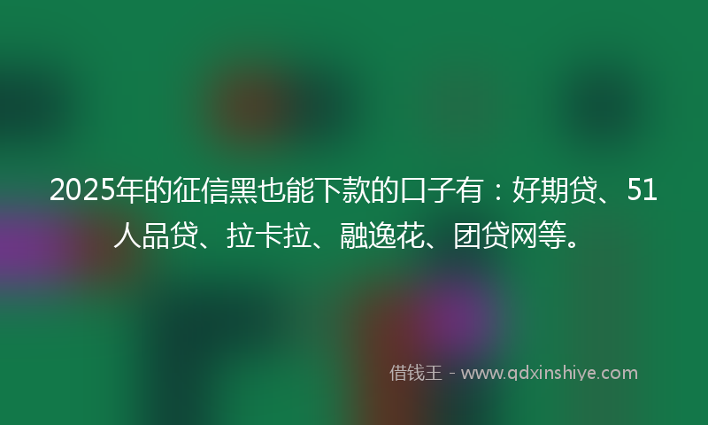 2025年的征信黑也能下款的口子有：好期贷、51人品贷、拉卡拉、融逸花、团贷网等。