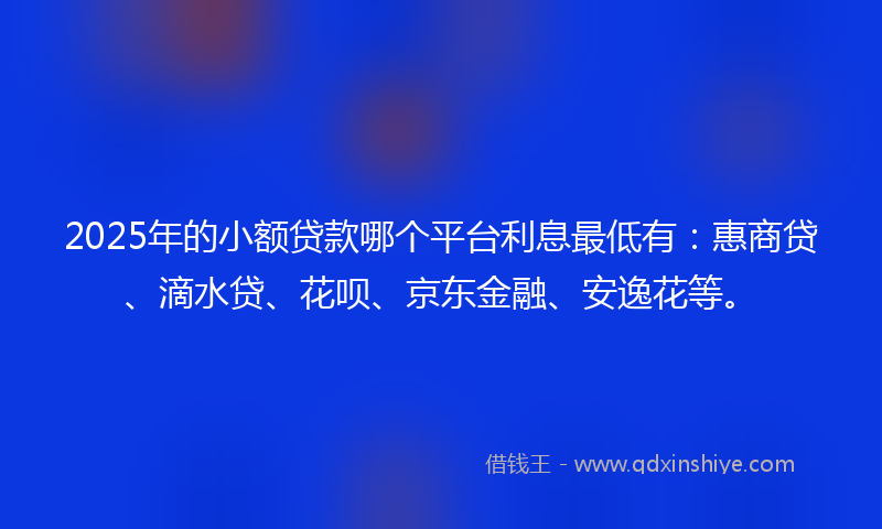 2025年的小额贷款哪个平台利息最低有：惠商贷、滴水贷、花呗、京东金融、安逸花等。