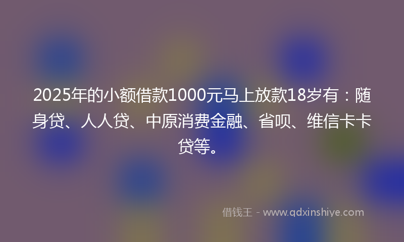 2025年的小额借款1000元马上放款18岁有：随身贷、人人贷、中原消费金融、省呗、维信卡卡贷等。