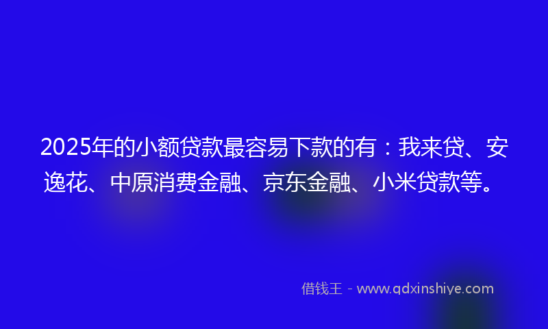 2025年的小额贷款最容易下款的有：我来贷、安逸花、中原消费金融、京东金融、小米贷款等。