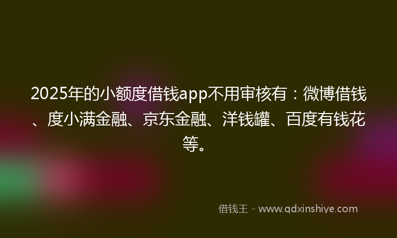 2025年的小额度借钱app不用审核有：微博借钱、度小满金融、京东金融、洋钱罐、百度有钱花等。