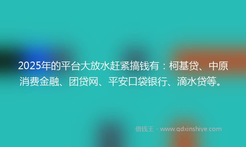 2025年的平台大放水赶紧搞钱有：柯基贷、中原消费金融、团贷网、平安口袋银行、滴水贷等。