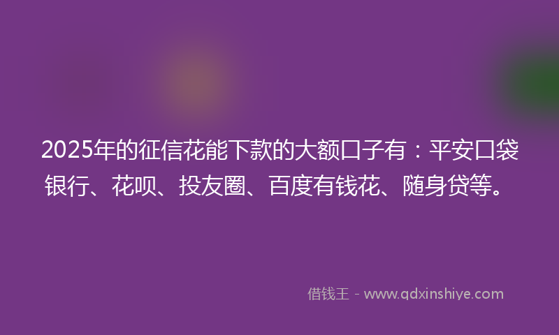 2025年的征信花能下款的大额口子有：平安口袋银行、花呗、投友圈、百度有钱花、随身贷等。