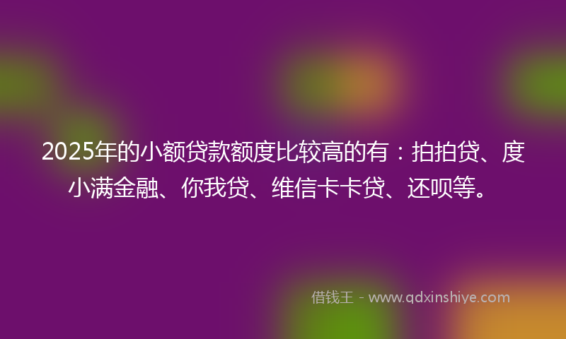 2025年的小额贷款额度比较高的有：拍拍贷、度小满金融、你我贷、维信卡卡贷、还呗等。