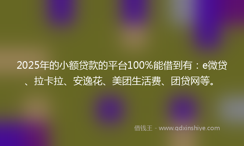 2025年的小额贷款的平台100%能借到有：e微贷、拉卡拉、安逸花、美团生活费、团贷网等。