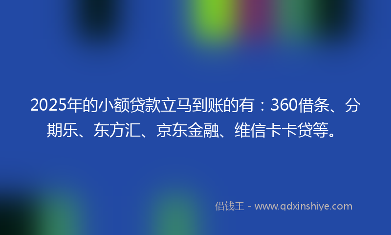2025年的小额贷款立马到账的有：360借条、分期乐、东方汇、京东金融、维信卡卡贷等。
