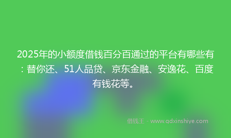 2025年的小额度借钱百分百通过的平台有哪些有：替你还、51人品贷、京东金融、安逸花、百度有钱花等。
