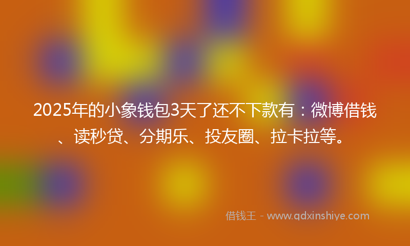 2025年的小象钱包3天了还不下款有：微博借钱、读秒贷、分期乐、投友圈、拉卡拉等。