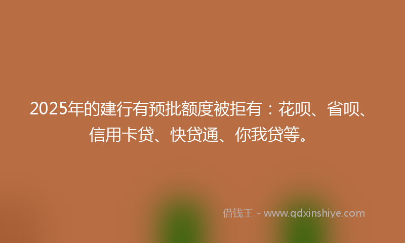 2025年的建行有预批额度被拒有：花呗、省呗、信用卡贷、快贷通、你我贷等。
