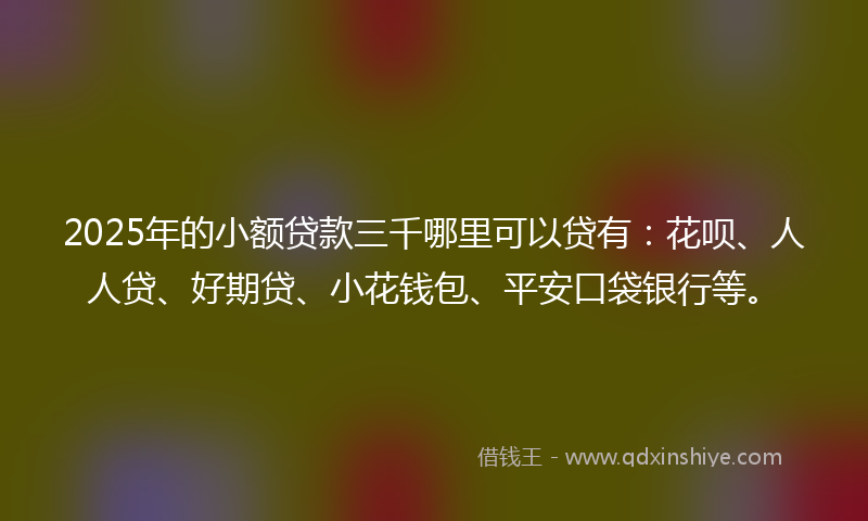 2025年的小额贷款三千哪里可以贷有：花呗、人人贷、好期贷、小花钱包、平安口袋银行等。