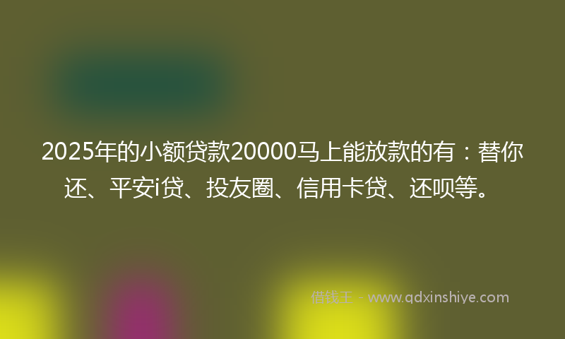 2025年的小额贷款20000马上能放款的有：替你还、平安i贷、投友圈、信用卡贷、还呗等。