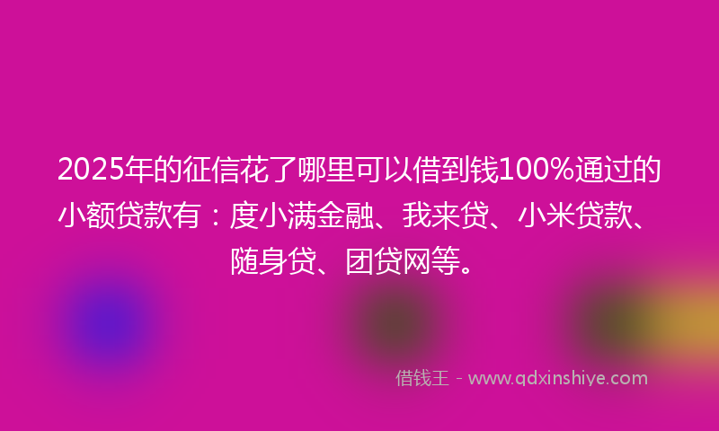 2025年的征信花了哪里可以借到钱100%通过的小额贷款有：度小满金融、我来贷、小米贷款、随身贷、团贷网等。