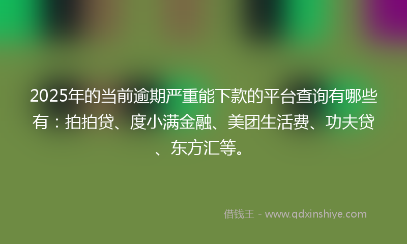 2025年的当前逾期严重能下款的平台查询有哪些有：拍拍贷、度小满金融、美团生活费、功夫贷、东方汇等。