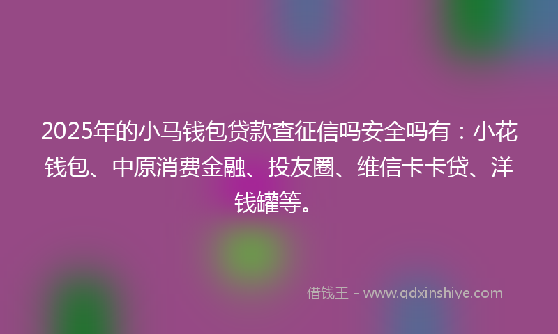 2025年的小马钱包贷款查征信吗安全吗有：小花钱包、中原消费金融、投友圈、维信卡卡贷、洋钱罐等。