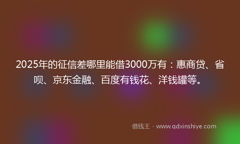 2025年的征信差哪里能借3000万有：惠商贷、省呗、京东金融、百度有钱花、洋钱罐等。