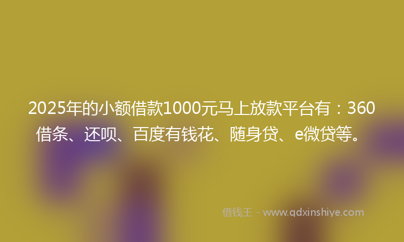 2025年的小额借款1000元马上放款平台有：360借条、还呗、百度有钱花、随身贷、e微贷等。