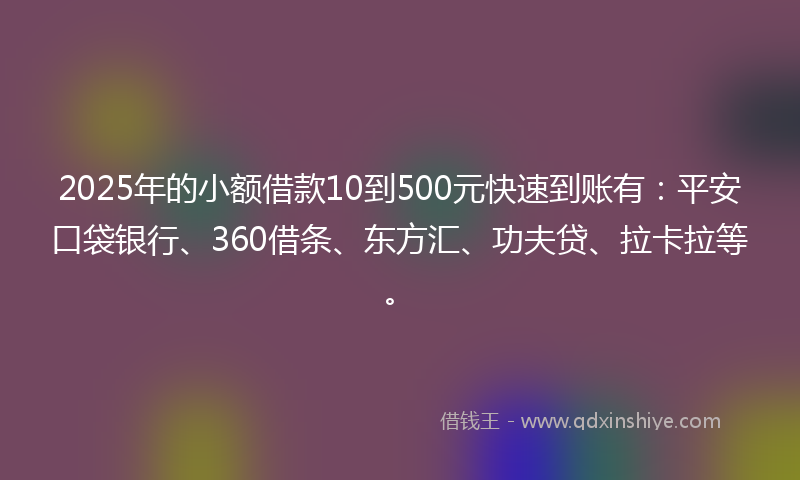 2025年的小额借款10到500元快速到账有：平安口袋银行、360借条、东方汇、功夫贷、拉卡拉等。